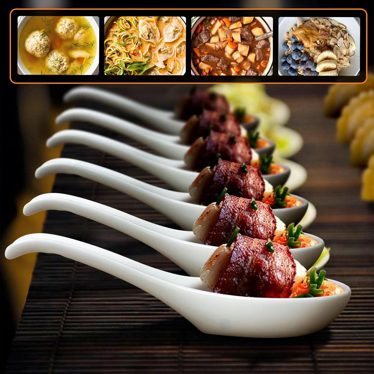 Asian Soup Spoons Set of 6  Ceramic Chinese Soup Spoons 7 Inch Japanese Spoon for Ramen Pho Dumpling Miso Wonton Noodles | Long Handle Flat Bottom Deep Oval Hook Design | White