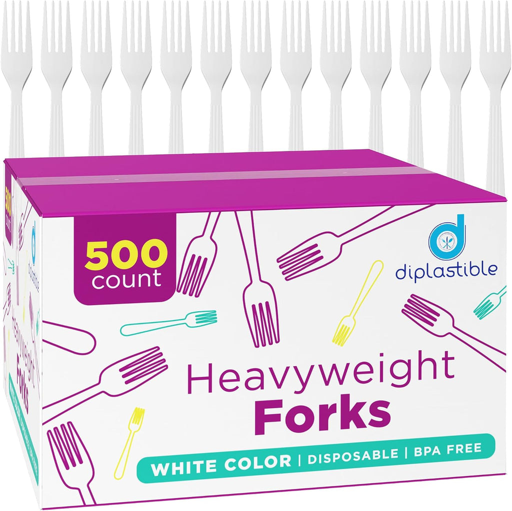 500 Count – Heavyweight Disposable White Plastic Forks | Big Party Pack Forks | Plastic Salad Forks |Great for Celebrations  Parties  Travels  Events  and Everyday Use