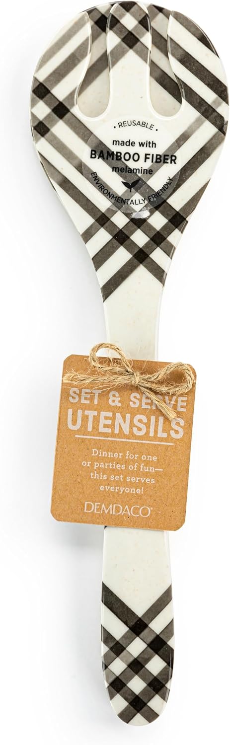 DEMDACO Black and White Plaid - 11 Inch Melamine Spoon Fork Salad Server Set