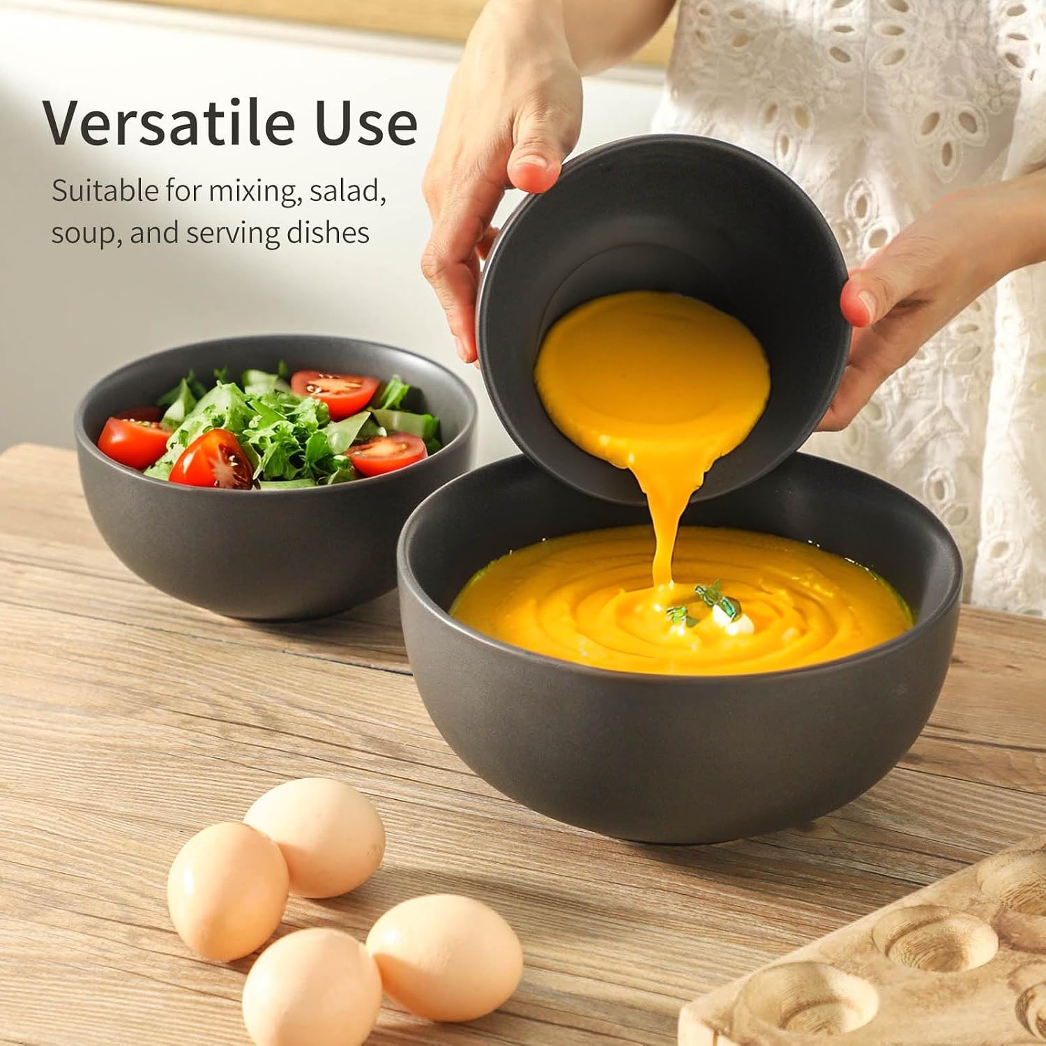 Tikoore Mixing Bowls Ceramic Bowls for Kitchen Black Mixing Bowls Set for Baking Serving Nesting Bowls for Kitchen Cooking Salad Microwave Oven and Dishwasher Safe 24/40/88 oz Set of 3 Matte Black