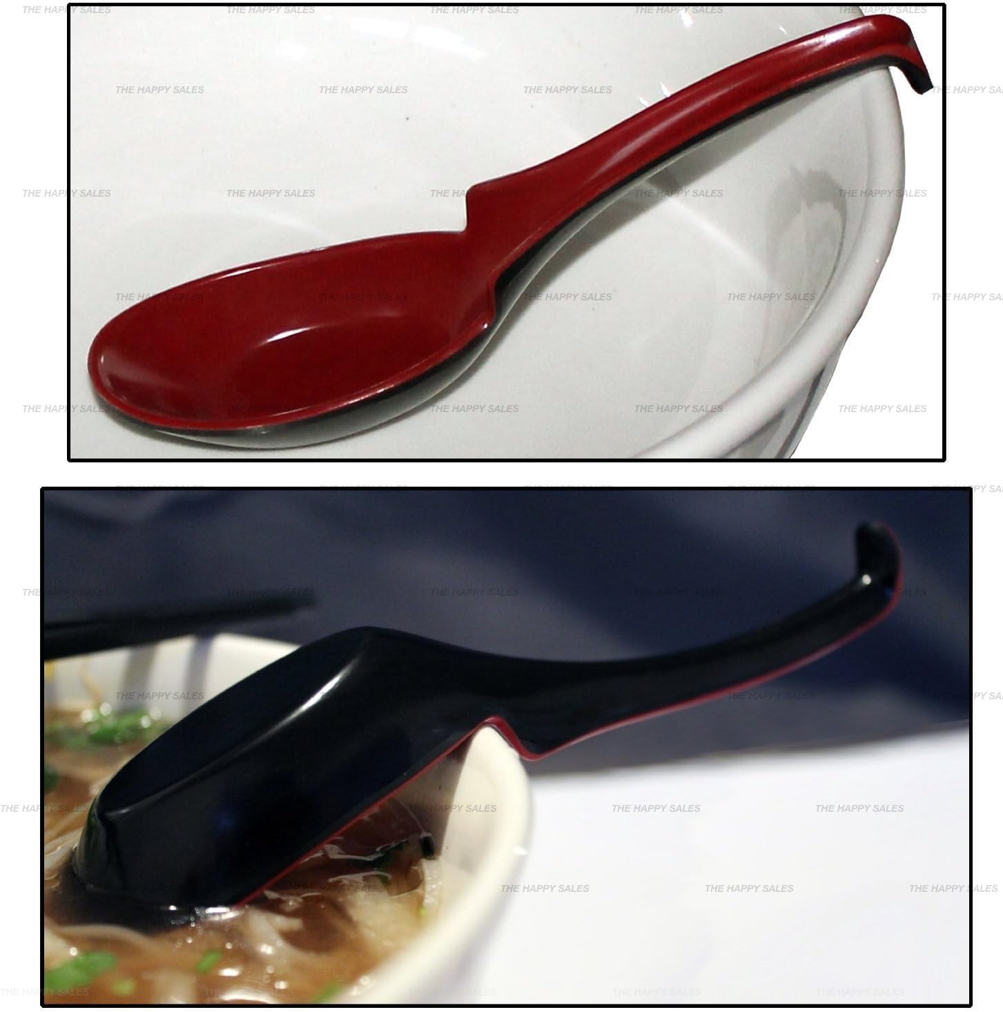 Happy Sales Melamine Soba  Rice Spoons  Chinese Won Ton Soup Spoon  Asian Red and Black  6 Pack Notch & Hook Style