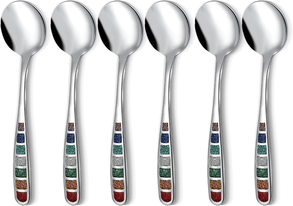 Premium 7.24" European Soup Spoons  Stainless Steel creative colorful enamel spoon drinking spoon  Dishwasher Safe Disinfection cabinet Set of 6