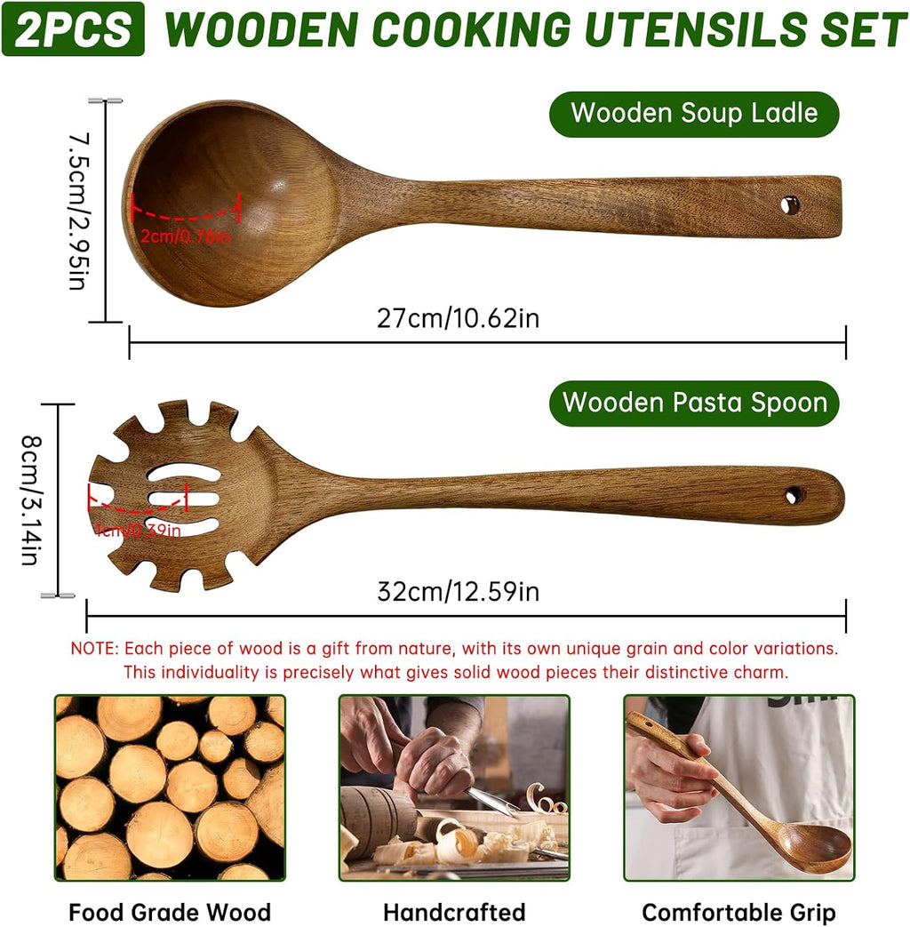 2PCS Wooden Ladle Set  wood ladle and Wooden Pasta Spoon with Hole  Durable Natural Wood  Non Scratch Cooking Tools for Soup  Pasta and Stirring