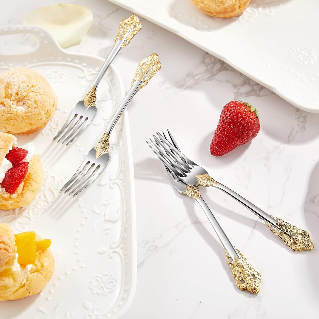 KEAWELL Luxury 5.9" Appetizer Forks  18/10 Stainless Steel  Set of 4  Gorgeous Cocktail Forks/Dessert Forks (Gold Accent)