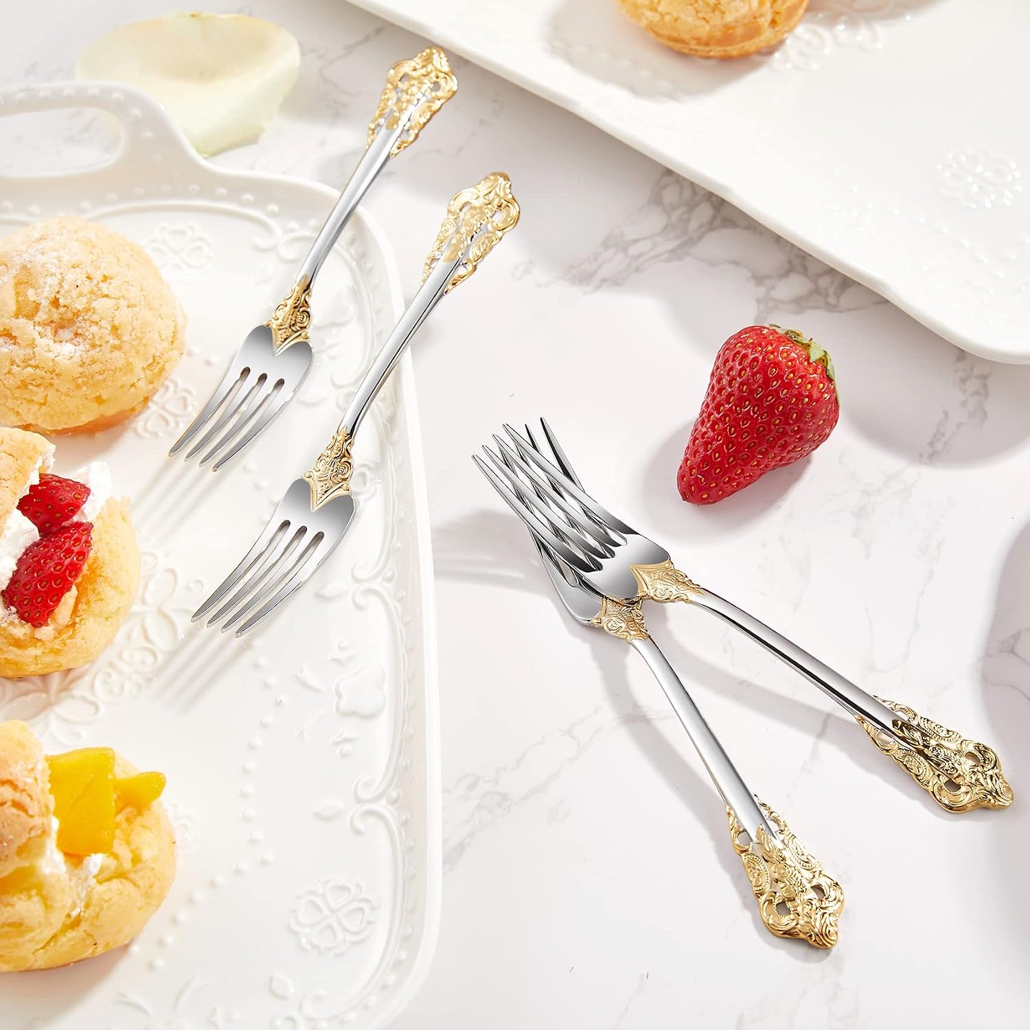 KEAWELL Luxury 5.9" Appetizer Forks  18/10 Stainless Steel  Set of 4  Gorgeous Cocktail Forks/Dessert Forks (Gold Accent)
