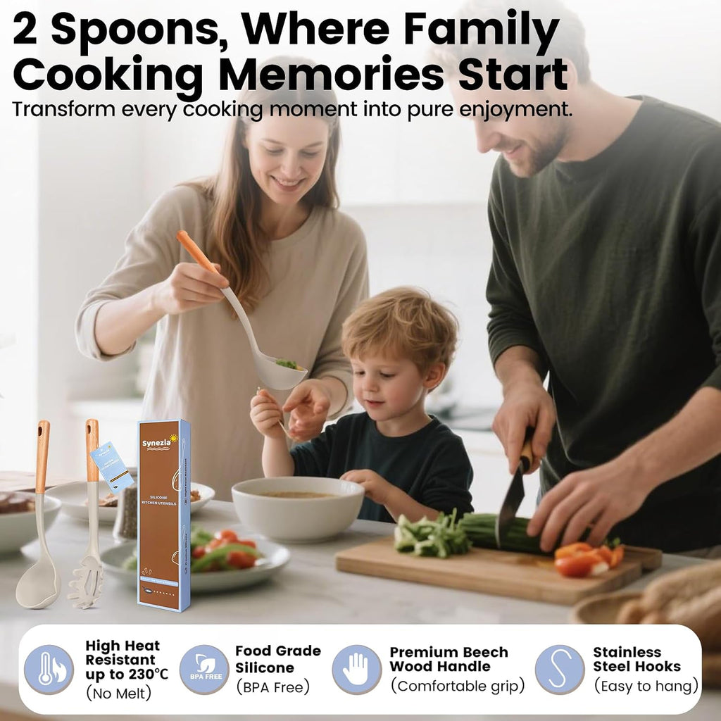 Silicone Soup Ladle Spoon  Kitchen Soup Cooking Spoons Set  Large Spaghetti spoon  Nonstick Pasta Spoon  Heat Resistant Pasta Fork for Serving Soup  Noodle  Sauce