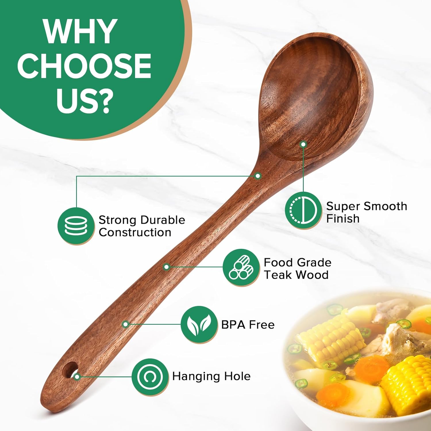 Wooden Soup Spoon for Cooking  Teak Acacia Soup Ladle  Non-Toxic Natural Wood Serving Spoon for Gravy Sauce Porridge  Long Handle Deep Scooper Server Utensil  No-Scratch Cookware Surface 10.6″