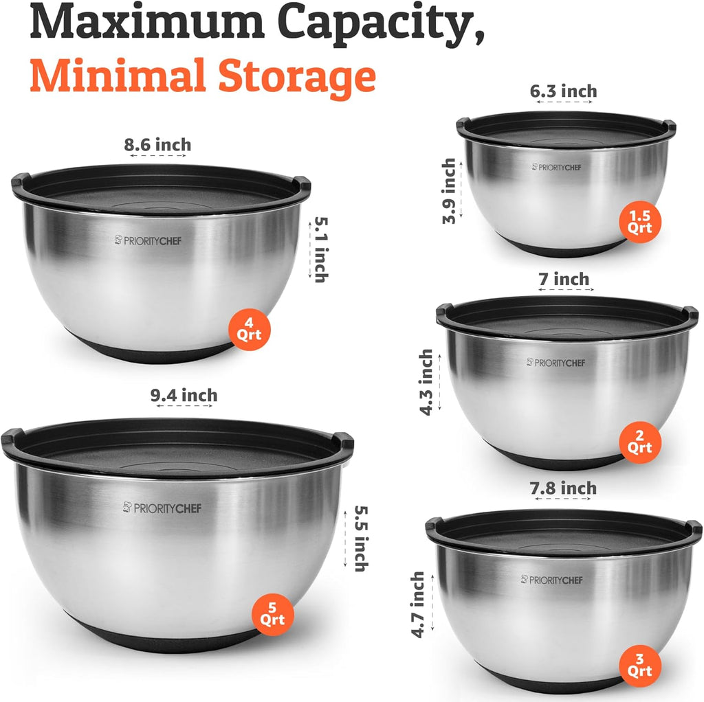 Priority Chef Premium Mixing Bowls With Lids Set  Airtight Lids  Thicker Stainless Steel  Non-Slip Base  5 Nesting Steel Bowls for Kitchen  Large Prep Metal Bowl Set 1.5/2/3/4/5 Qt  Black