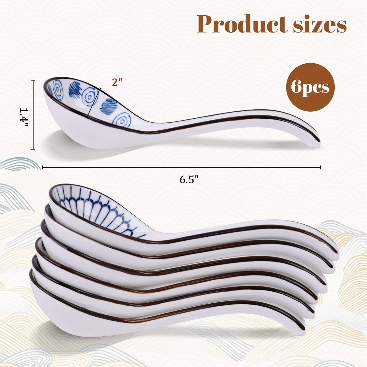 HANSGO Asian Soup Spoon  6 PCS Ceramic Soup Spoons for Ramen  Pho  Wonton  Miso  Dumplings  Rice  Noodle  Elegant Gifts for Friends Parents Family  with Long Handle  Easy to Hold  Non-slip Bottom