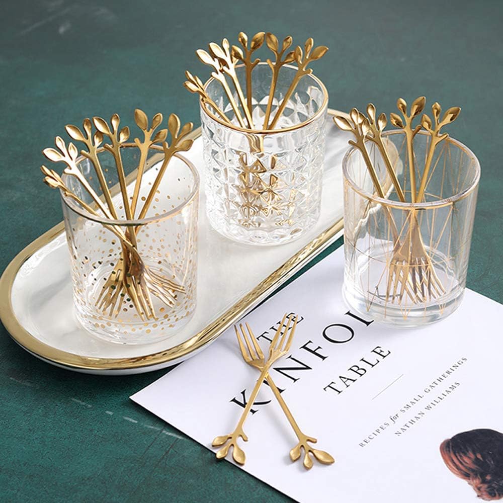 AnSaw 10-Piece Gold Mini Leaf Dessert Forks Set - 4.7" Elegant Stainless Steel Fruit  Appetizer  Cake & Salad Forks - Perfect for Cocktail Parties & Home Use