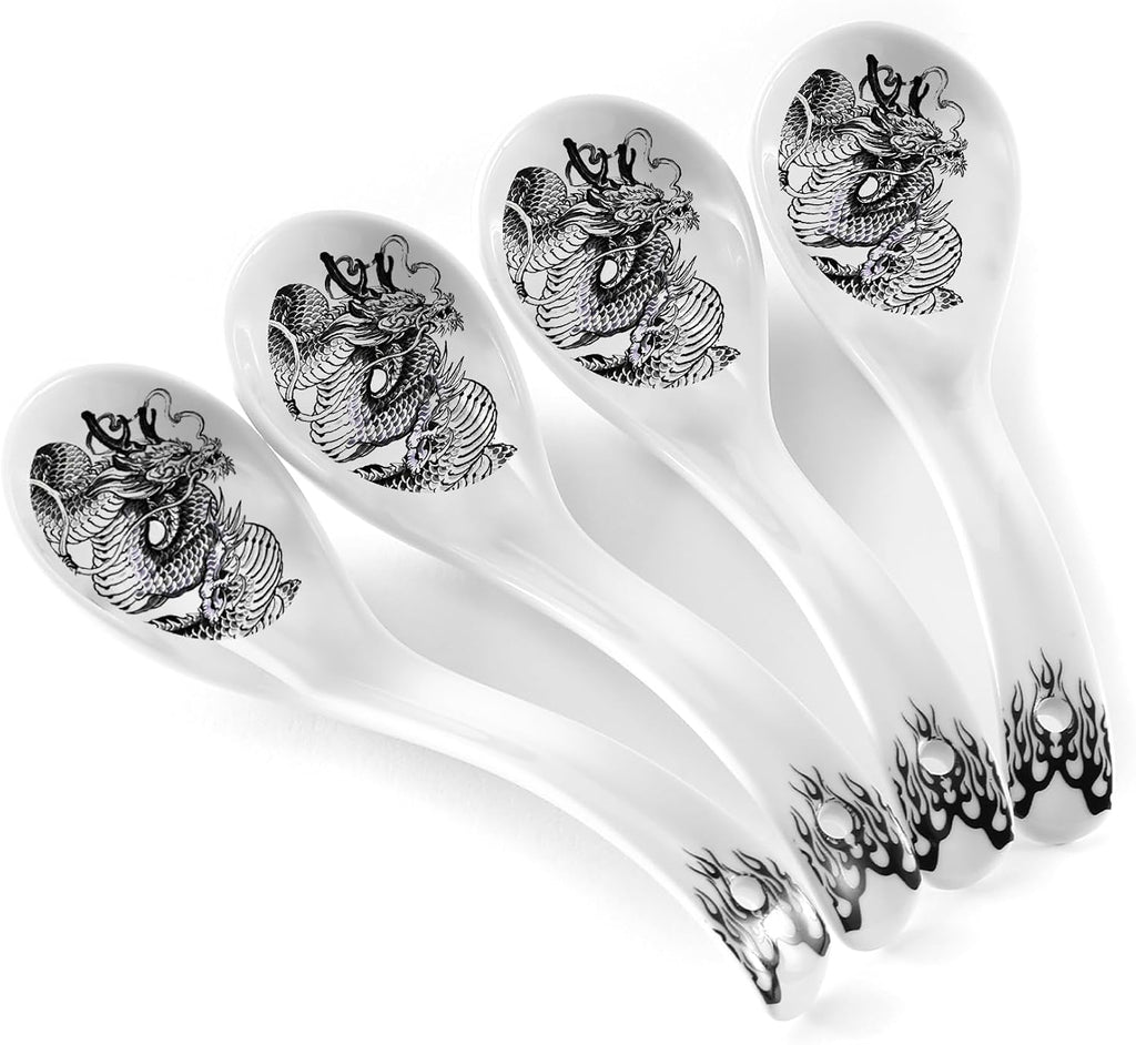 Hagary Ceramic Spoon Soup Spoons Asian Soup Spoon Chinese Korean Japanese Ramen Spoons Set of 4 with Hole 6.2 Inch (Black - Dragon New)