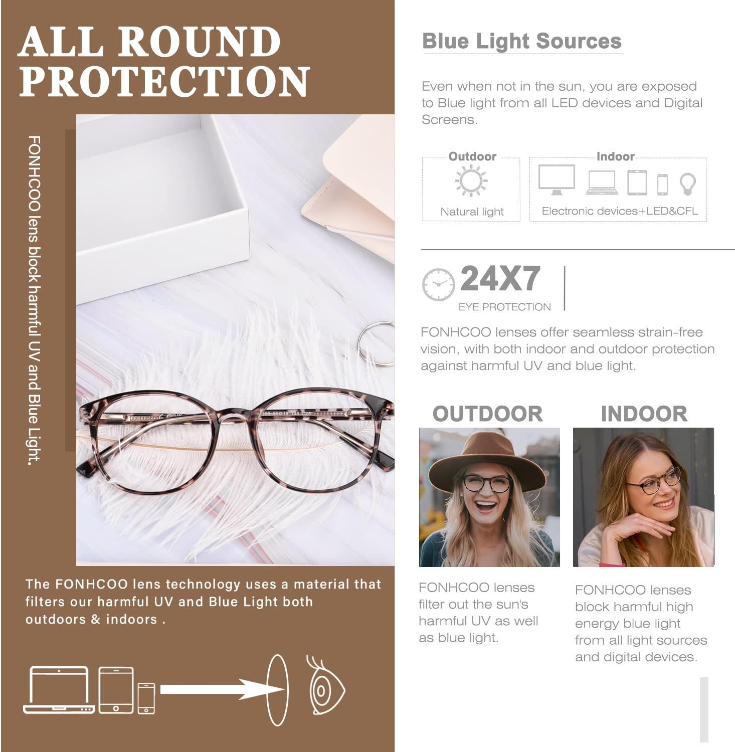 FONHCOO Blue Light Blocking Glasses Women Men Computer Eyeglasses TR90 Fashion Round Transparent Anti Blue Light Glasses with Anti Eyestrain & UV Glare for Gaming & Reading (Tortoise)