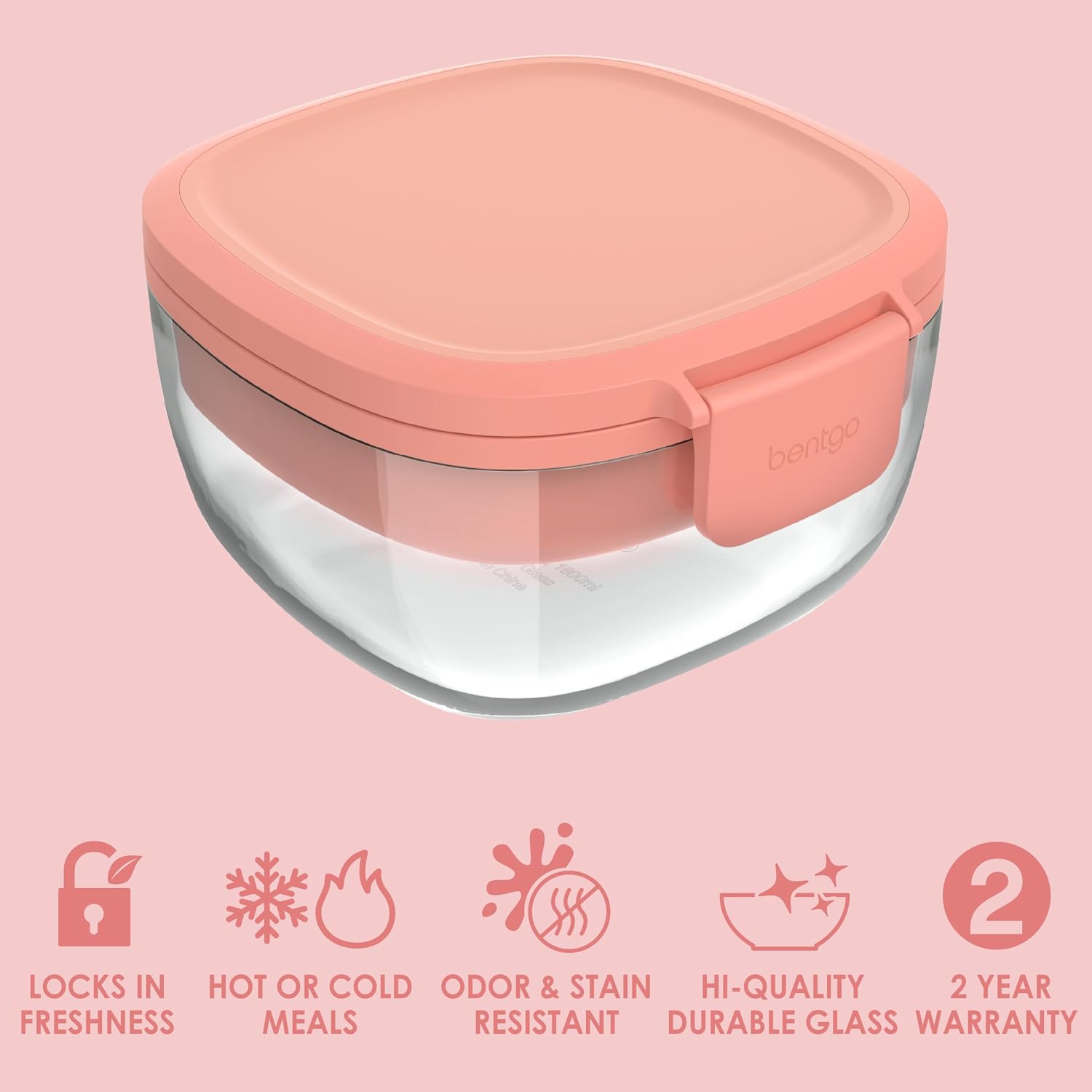 Bentgo Glass All-in-One Salad Container - Large 61-oz Salad Bowl with Lid  4-Compartment Bento-Style Tray  3-oz Sauce Container  and Reusable Fork - Dishwasher  Microwave  and Oven Safe (Coral)