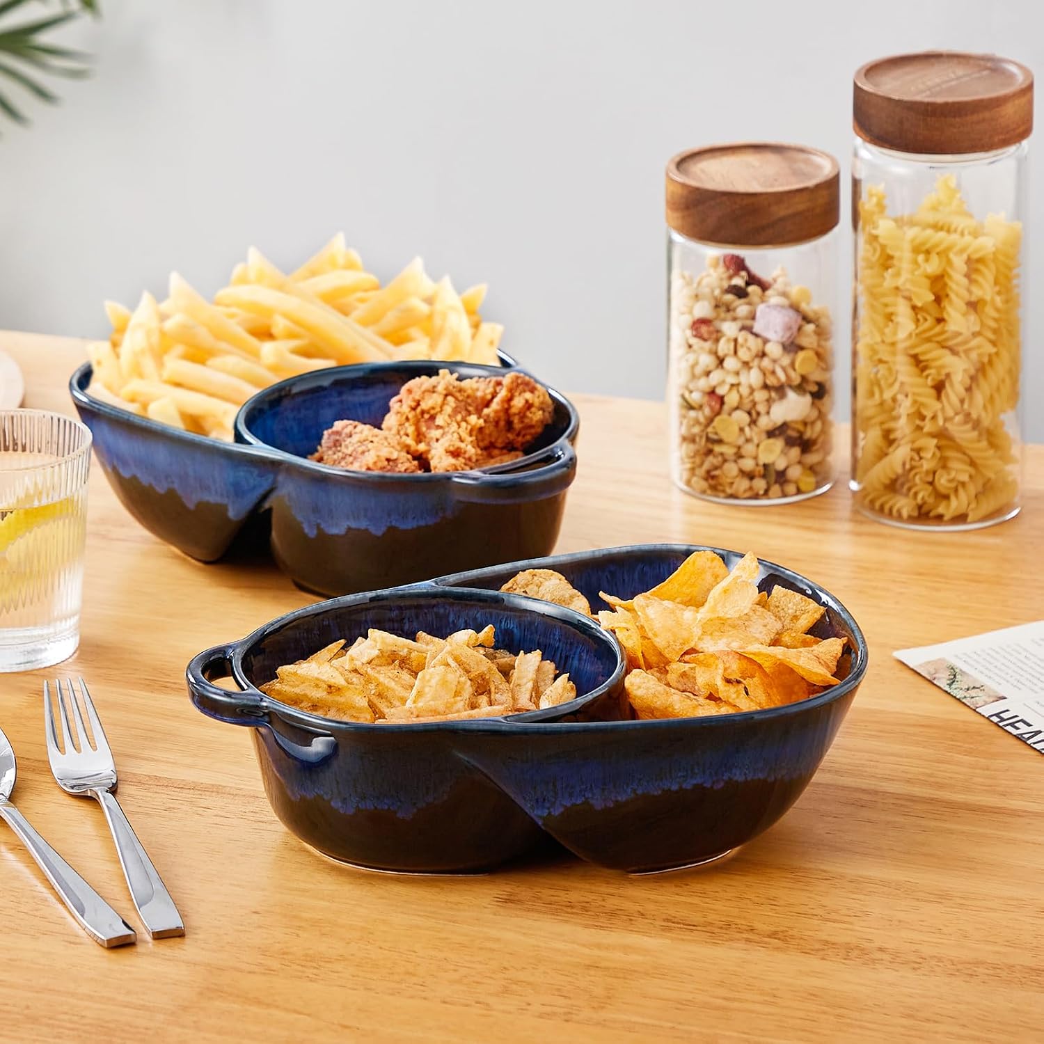 vancasso Starry Chip and Dip Bowl  Anti-Soggy Cereal Bowl  Soup and Sandwich Plate Combo  Breakfast Powls  Divided Snack Bowls Gifts for Wedding Housewarming Party  2 Pack(Blue)