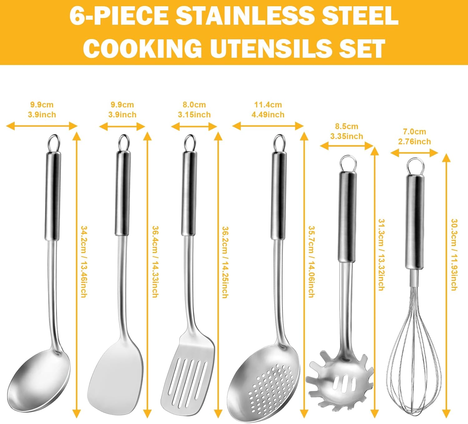 6-Piece Kitchen Cooking Utensils Set  Stainless Steel Kitchen Utensils with Suspendable Handle  Spatula  Slotted Turner  Soup Ladle  Slotted Spoon  Whisk  Pasta Server  Dishwasher Safe