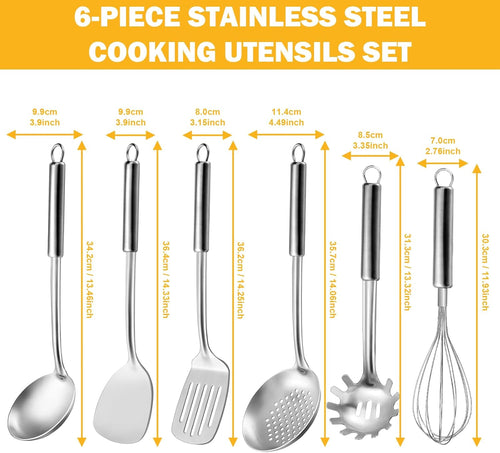 6-Piece Kitchen Cooking Utensils Set  Stainless Steel Kitchen Utensils with Suspendable Handle  Spatula  Slotted Turner  Soup Ladle  Slotted Spoon  Whisk  Pasta Server  Dishwasher Safe