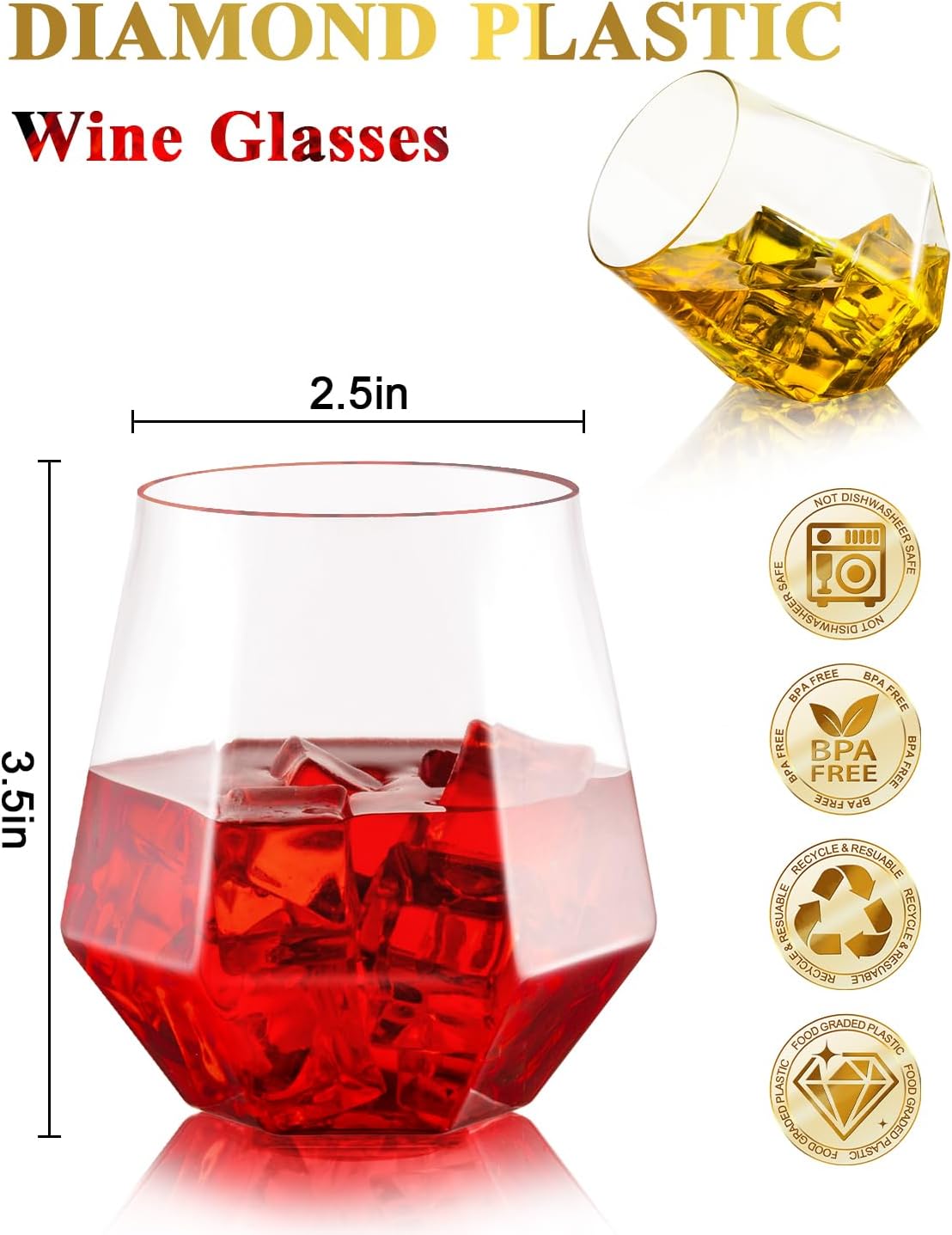 BESTSTAR 40 PCS Clear 12 Oz Plastic Wine Whiskey Glasses  Diamond Stemless Unbreakable Disposable Wine Glasses for Parties  Ideal for Weddings  Christmas  Halloween Holidays pool party Daily Use