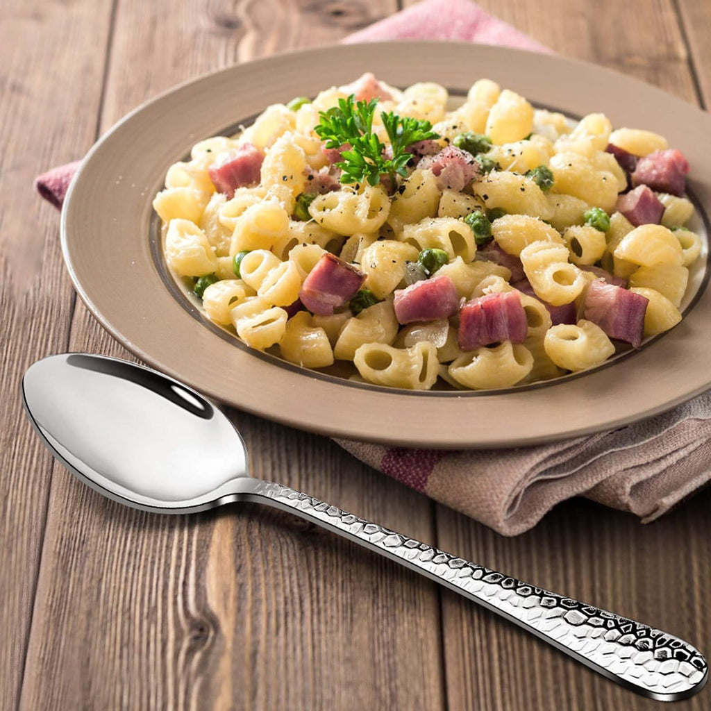 E-far 12-Piece Stainless Steel Hammered Dinner Spoons Set  Modern Silver Large Soup Spoons for Home  Kitchen  Restaurant  Round Edge & Mirror Polished  Dishwasher Safe - 7.9 Inches
