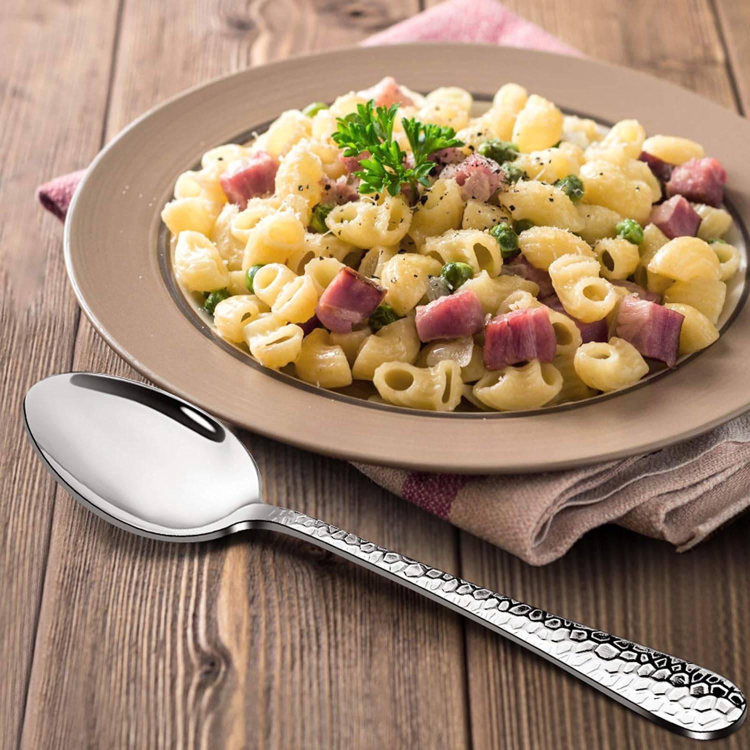 E-far 12-Piece Stainless Steel Hammered Dinner Spoons Set  Modern Silver Large Soup Spoons for Home  Kitchen  Restaurant  Round Edge & Mirror Polished  Dishwasher Safe - 7.9 Inches