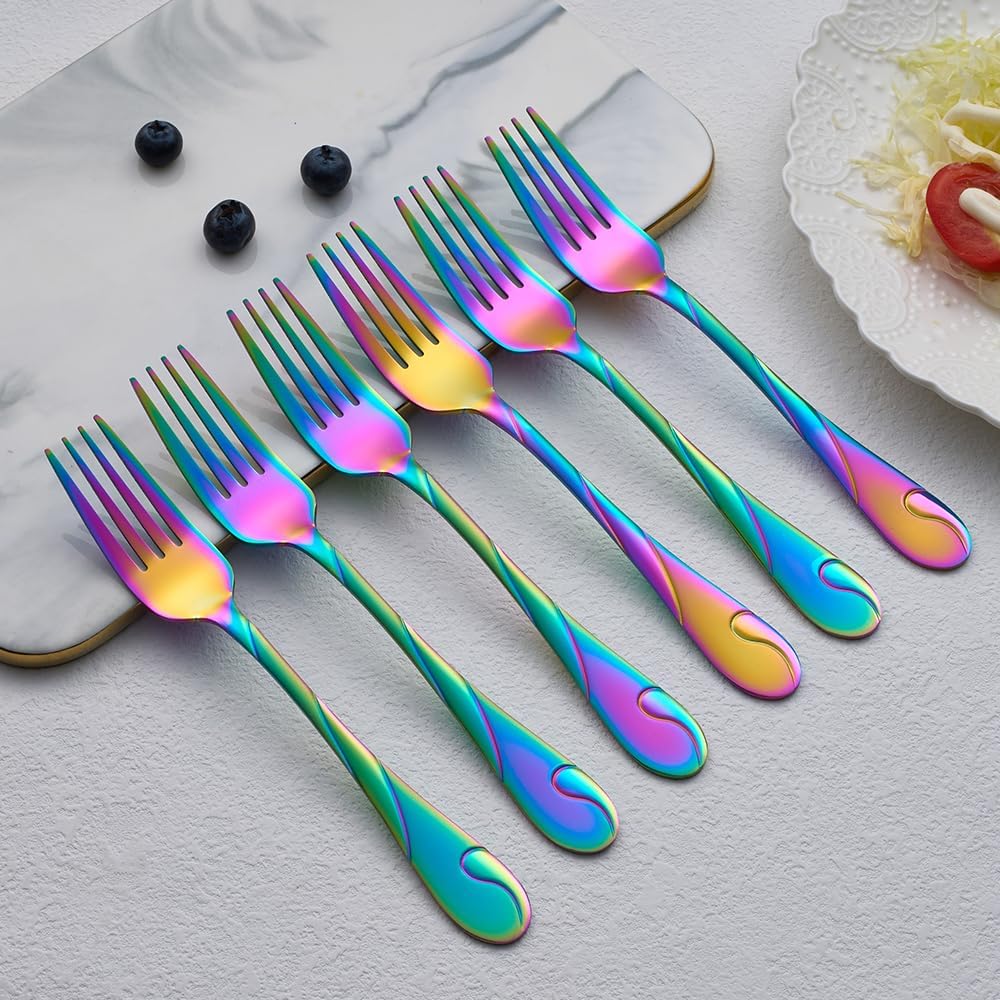 Rainbow Salad Fork Set  6.9-inch Stainless Steel Dessert Forks  6-Piece Shiny Metal Small Cake Fork  Iridescent Silverware Set  Dishwasher Safe