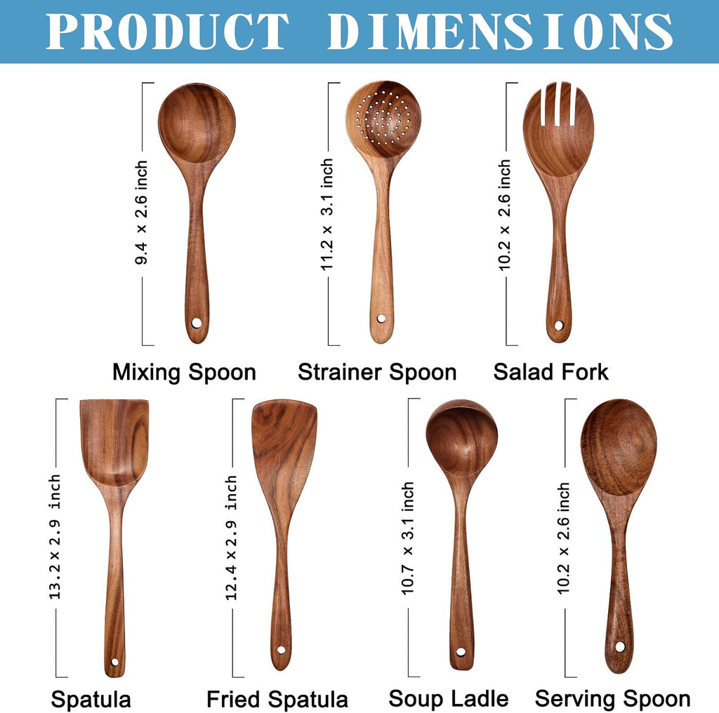Wooden Non-Stick Kitchen Pan Toolset 7 Pieces Set 100% Natural Teak Kitchen Utensils Spatula  Wooden Cooking Utensils Spoons  Fried Spatula and Salad Fork