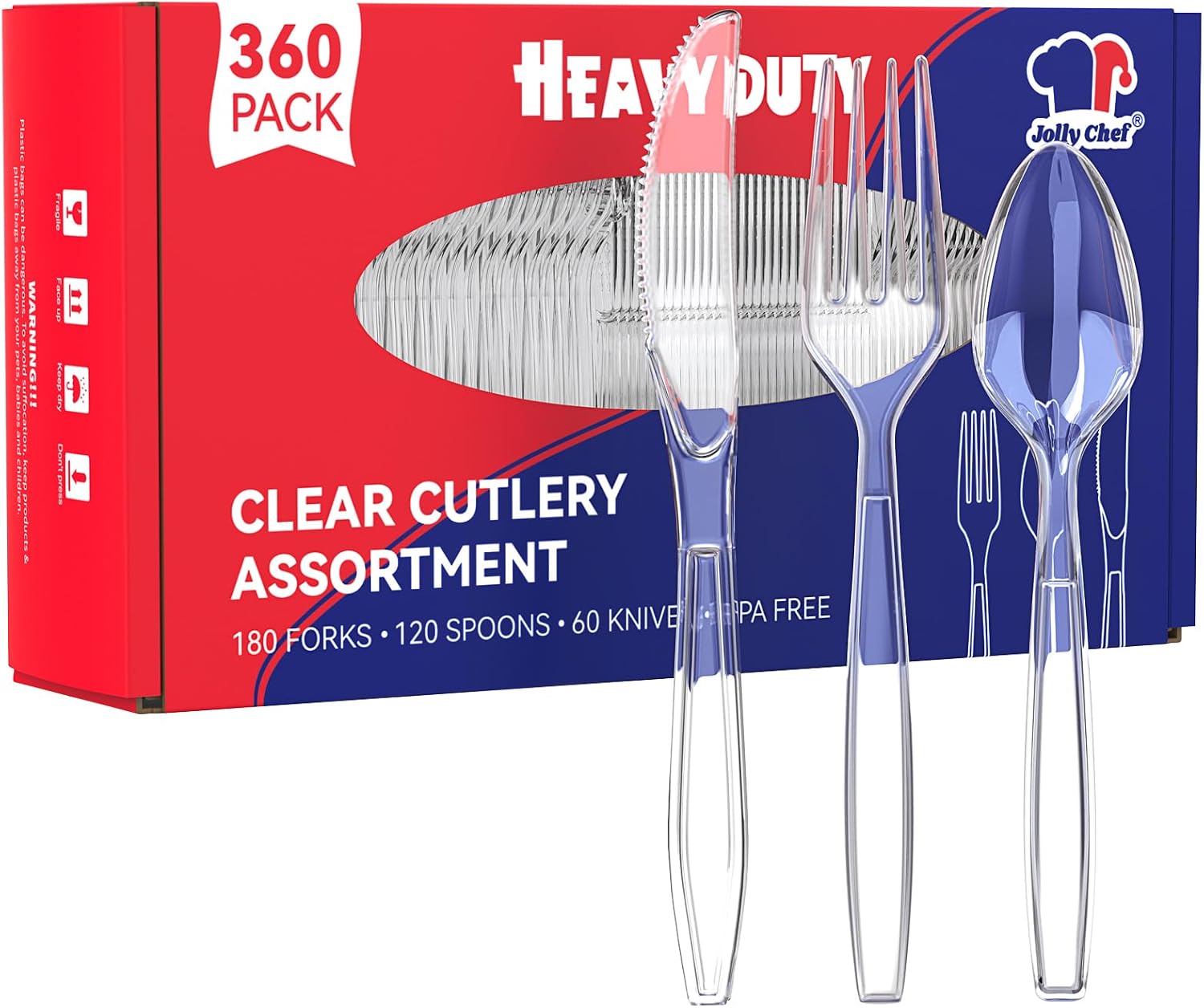 JOLLY CHEF 360 Count Clear Plastic Silverware Heavy Duty-180 Forks  120 Spoons  60 Knives  Heat Resistant Plastic Cutlery  Disposable Utensils Set for Parties  Events  Everyday Use