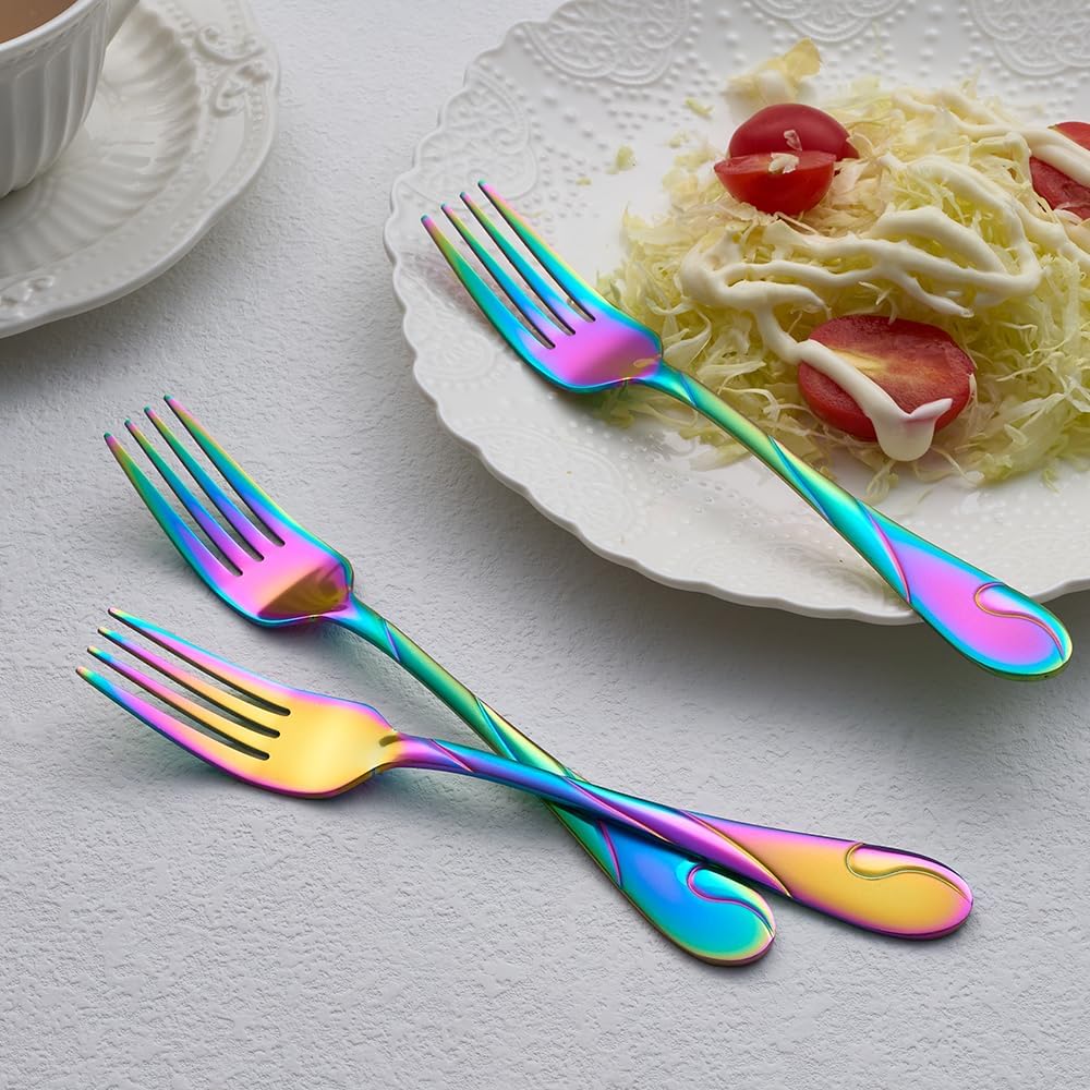 Rainbow Salad Fork Set  6.9-inch Stainless Steel Dessert Forks  6-Piece Shiny Metal Small Cake Fork  Iridescent Silverware Set  Dishwasher Safe