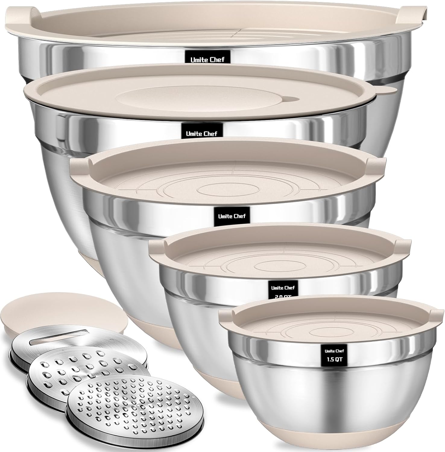 Umite Chef Mixing Bowls with Airtight Lids Set  8PCS Stainless Steel Khaki Nesting Bowls with Grater Attachments  Kitchen Bowls with Non-Slip Bottoms  Size 5  4  3.5  2  1.5QT for Mixing & Serving