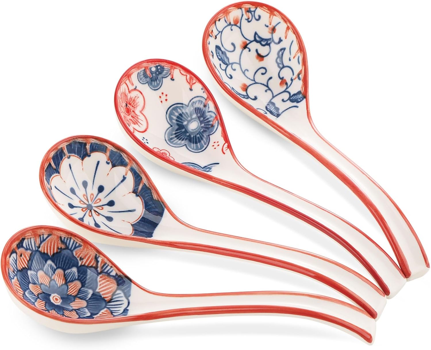 WHJY Asian Soup Spoon  Ceramic Ramen Spoon  Ramen Soup Spoon  Chinese Ceramic Spoons  Miso Soup Spoons Dumpling - Set of 4 Flora