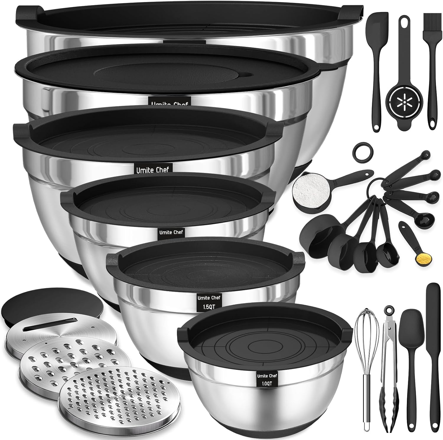 Umite Chef Mixing Bowls with Airtight Lids  26Pcs Stainless Steel Bowls Set  3 Grater Attachments & Black Non-Slip Bottoms Size 7  4  2.5  2.0 1.5  1QT  Great for Mixing & Serving