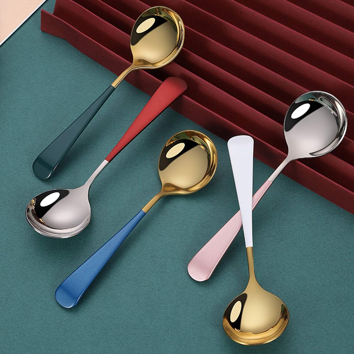 Soup Spoons Stainless Steel  18/10 Round Head Soup Spoons  Modern Thick Short handle 304 Stainless Steel Korean Spoon  Dinner Metal Spoons for Soup  Grain Dessert Milk Tea Coffee  6.3 Inch  Set of 5