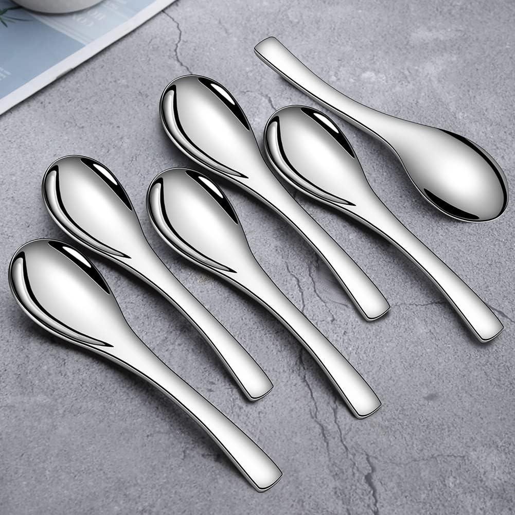 Stainless Steel Soup Spoons - 6 Inch Heavy Duty Asian Soup Spoon for Ramen  Rice  Tea  and Milk  Set of 4 Short Handle Ramen Spoons  Dishwasher Safe  Silver Chinese Table Spoon