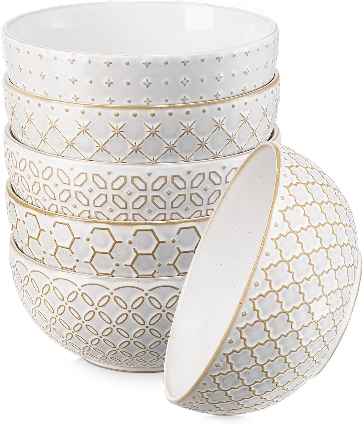 DOWAN Soup Bowls Set of 6  26 OZ Cereal Bowls for Kitchen  6" Ceramic Embossment Bowl for Salad  Pho  Fruits  Rice  Large Bowls Decor & Housewarming Gift  Dishwasher & Microwave Safe