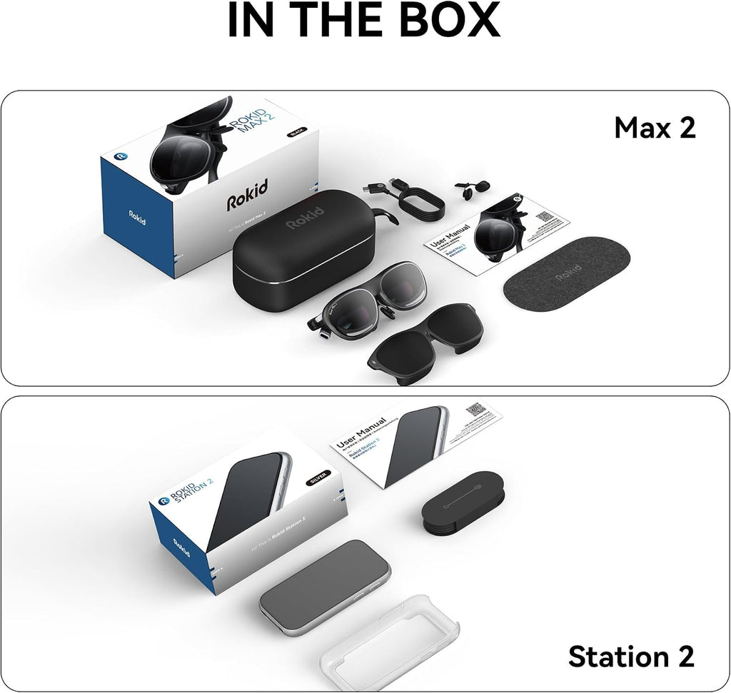 Rokid AR Spatial Video Glasses with 3-Screen Display  Max2 Black AR Glasses & Station2 Spatial Computer with 360" Micro-OLED  120Hz OLED  600 Nits  Multi-Tasking for Gaming