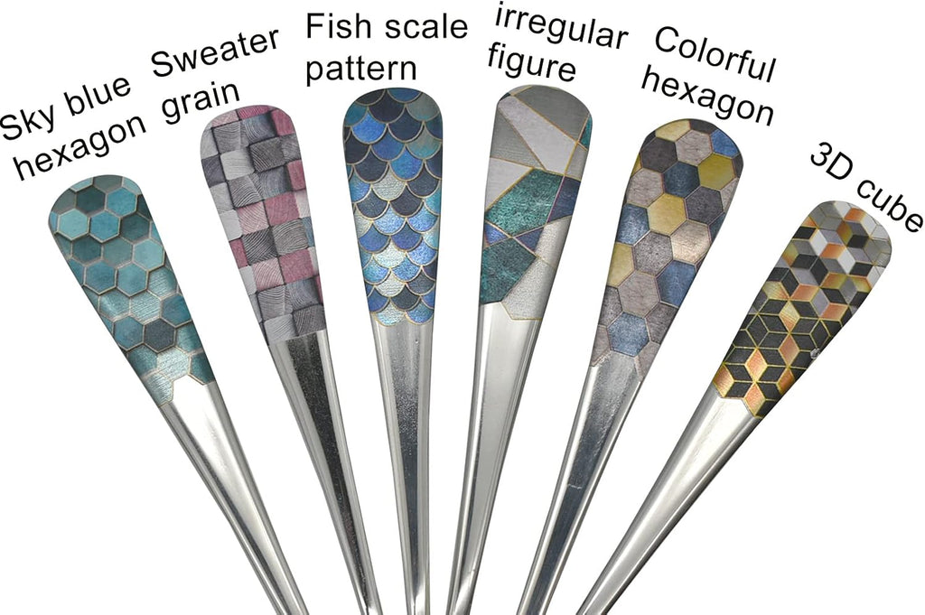 6pcs Round Head Soup Spoons with Fashion Printing Pattern 6.22inch Tablespoon 18/10(304) Stainless Steel Korean Spoons for Rice Dessert Tea Coffee Bouillon