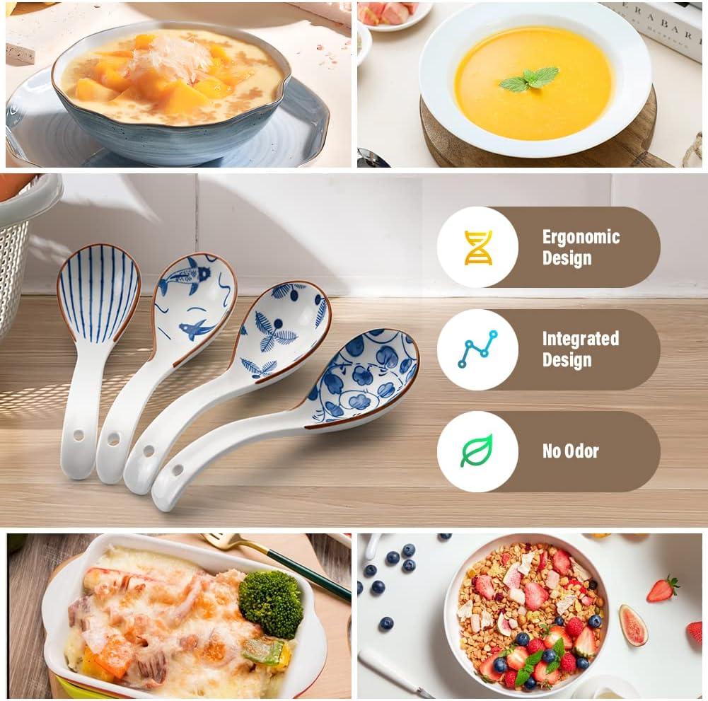 IQCWOOD Ceramic Asian Soup Spoons  Blue and White Japanese Spoon for Soup Rice Ramen Pho Wonton Dumpling Miso  Deep Oval Hook Design  Gifts for Friends Parents Family