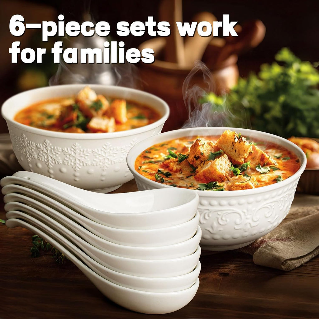 Asian Soup Spoons Set of 6  Ceramic Chinese Soup Spoons 7 Inch Japanese Spoon for Ramen Pho Dumpling Miso Wonton Noodles | Long Handle Flat Bottom Deep Oval Hook Design | White
