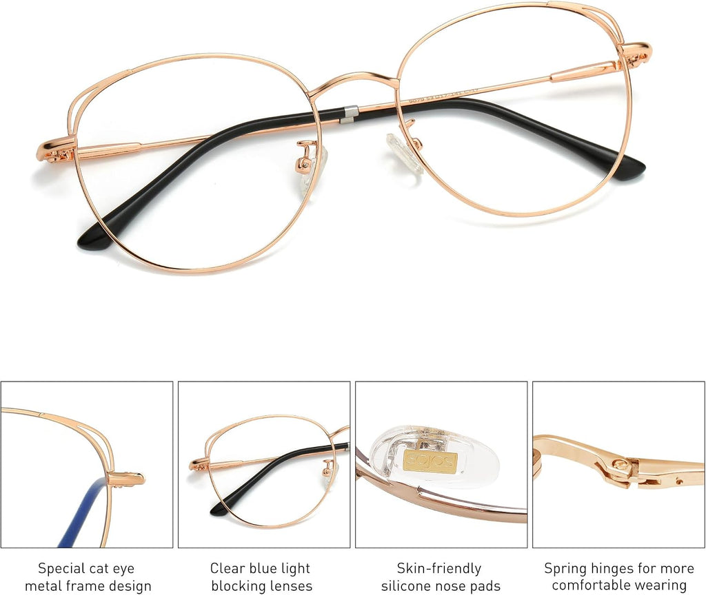 SOJOS Cat Eye Blue Light Blocking Glasses for Woman Hipster Metal Frame Womens Eyeglasses She Young SJ5027