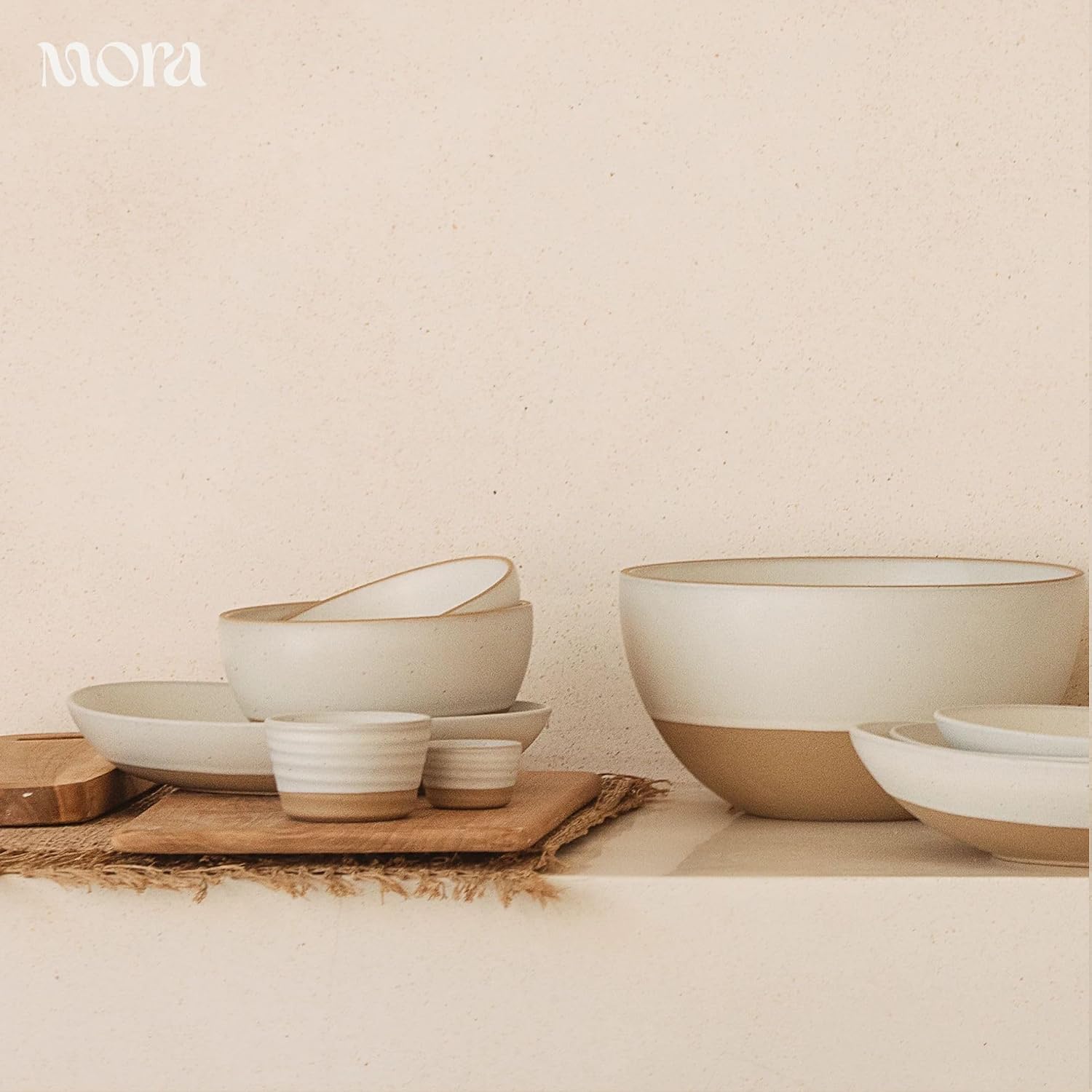 MORA Mega and Giant Bowls Set of 2  5.5 and 3.5 Qt Ceramic Pottery Mixing Bowls - Microwave and Dishwasher Safe - Oat