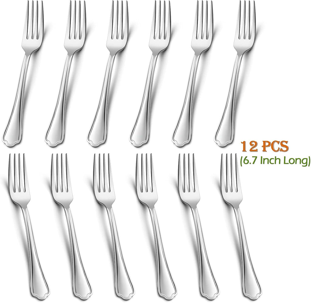 Salad Forks Set of 12  E-far 6.7 Inch Stainless Steel Dessert Forks for Home  Kitchen or Restaurant  Non-toxic & Mirror Polished  Scalloped Edge & Dishwasher Safe