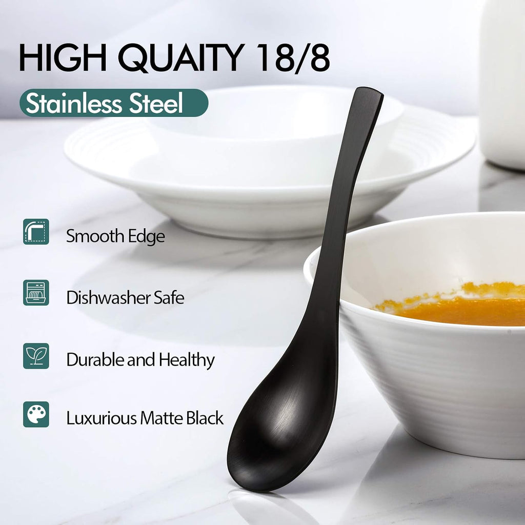HIWARE Matte Black Thick Heavy-Weight Soup Spoons  Stainless Steel Soup Spoons  Table Spoons  Set of 6