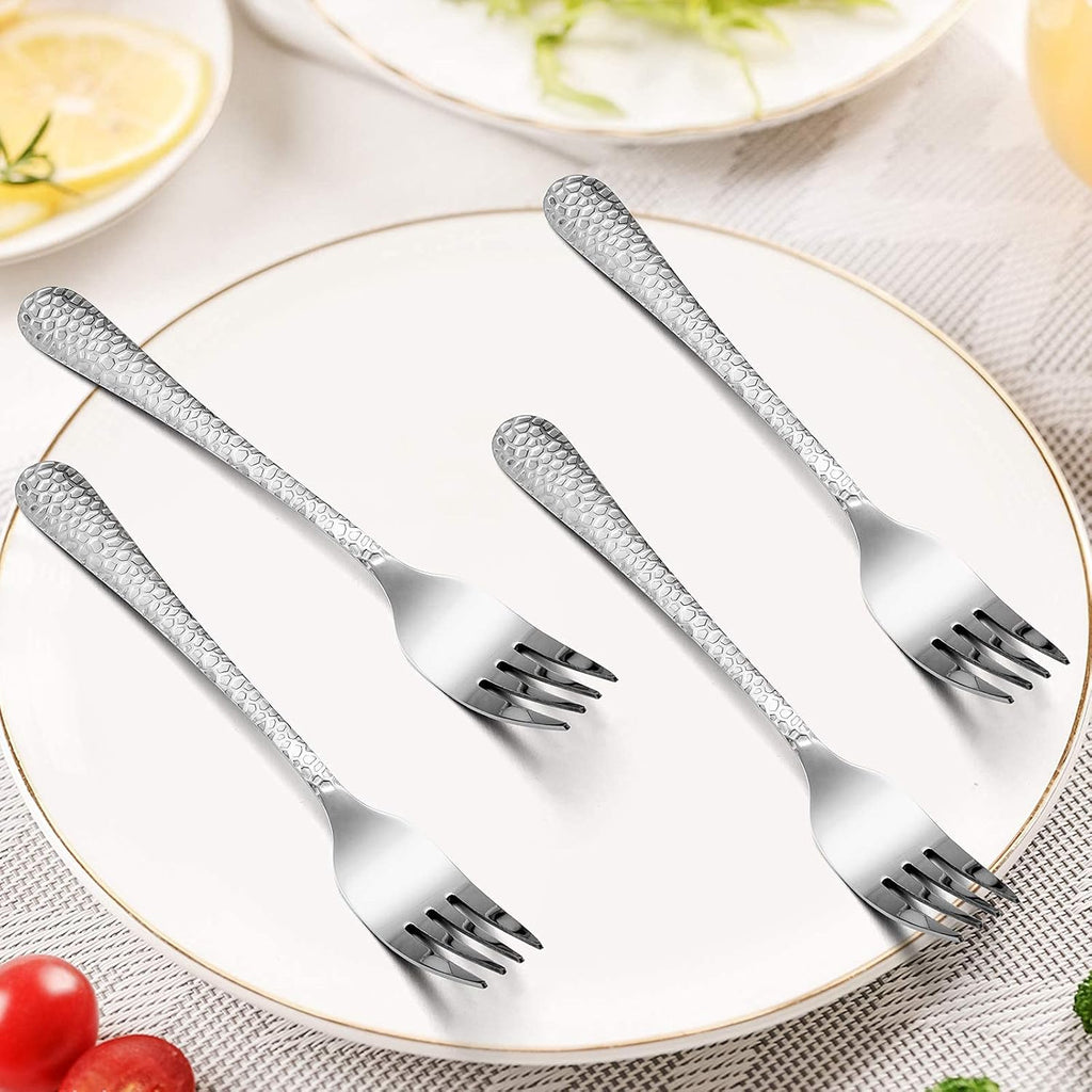 Hammered Salad Forks Set of 6  E-far Stainless Steel Appetizer Dessert Forks  Silverware Flatware Small Forks  Mirror Finish  Dishwasher Safe - 6.7 Inches