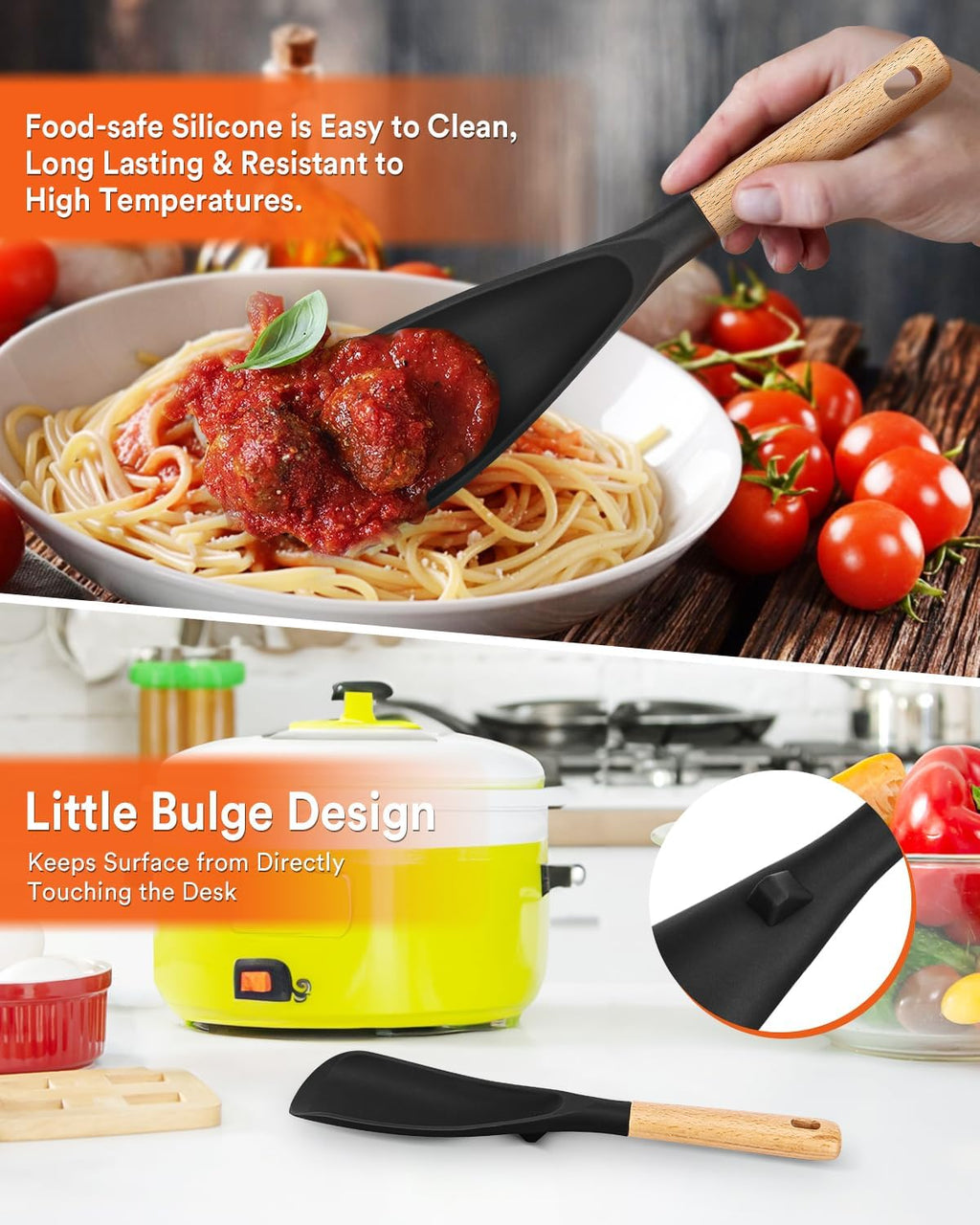 Cooking Spoon and Rice Scooper for Nonstick Cookwares  Great for Cooking and Serving Sturdy BPA-Free Matte Silicone  Wood Handle Spoon for Mixing  Scoop  and Scrape (Black)