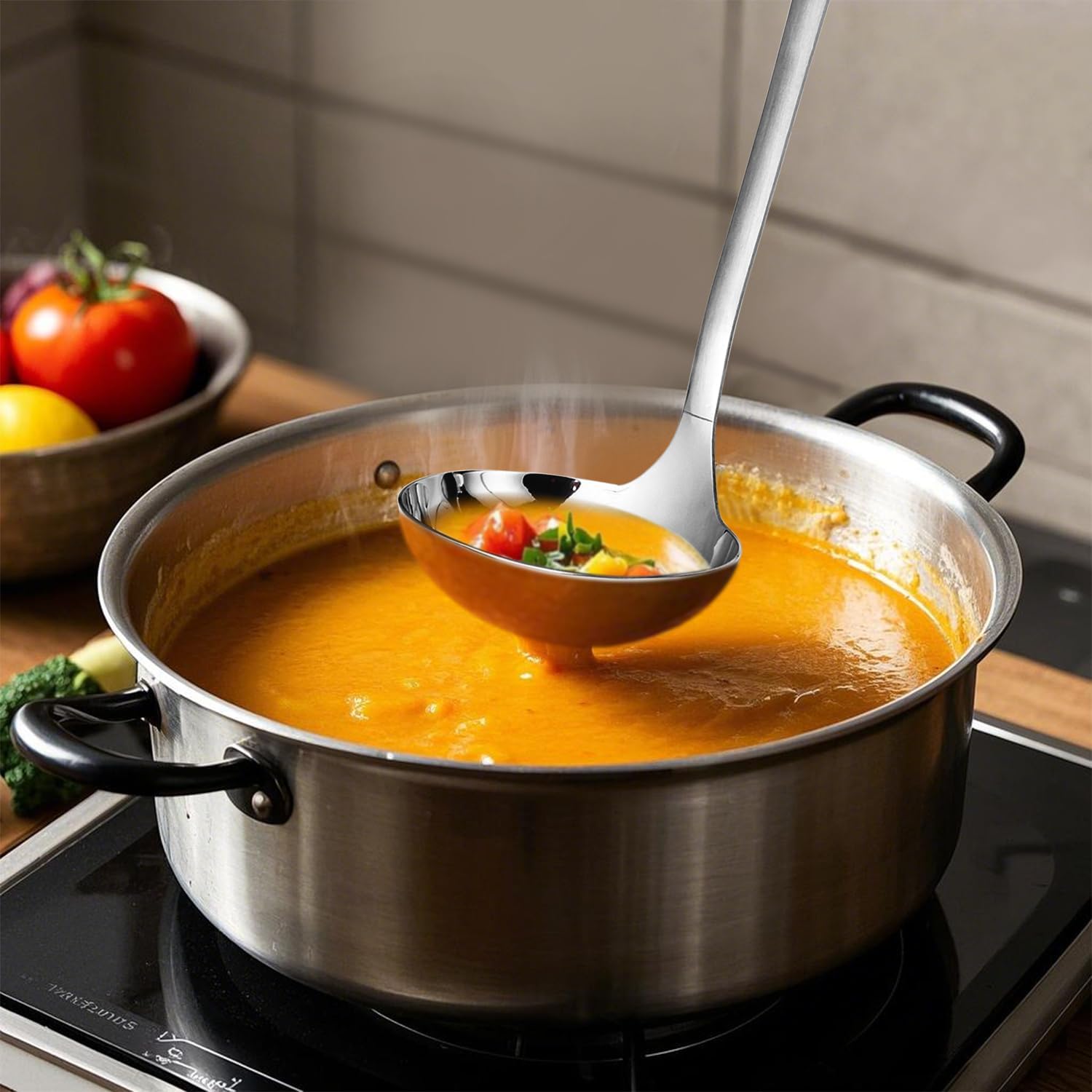 Cooking Spoon 12.2 Inches Kitchen Stainless Steel Round Ladle  Heavy-Duty  Heat Resistance  Rust-Resistant Kitchen Ergonomic Handle for Chefs Serving Soups  Stews