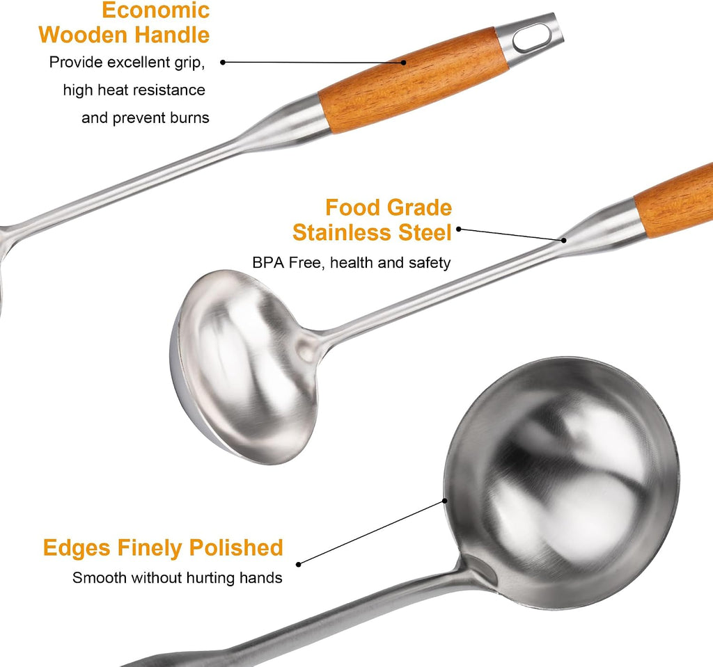FJNATINH Soup Ladle  Stainless Steel Ladle with Heat Resistant Wooden Handle  Food Grade Metal Cooking Soup Spoon Kitchen Tools  Easy to Clean