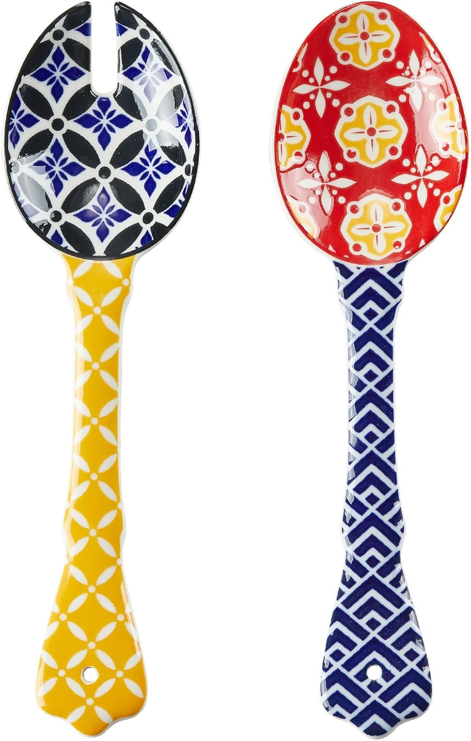 Ceramic Salad Servers  9" Salad Spoon and Fork Set  Salad Tongs for Mixing  Tossing  Cooking and Stirring  Dishwasher & Microwave Safe  Set of 2  Yellow & Blue