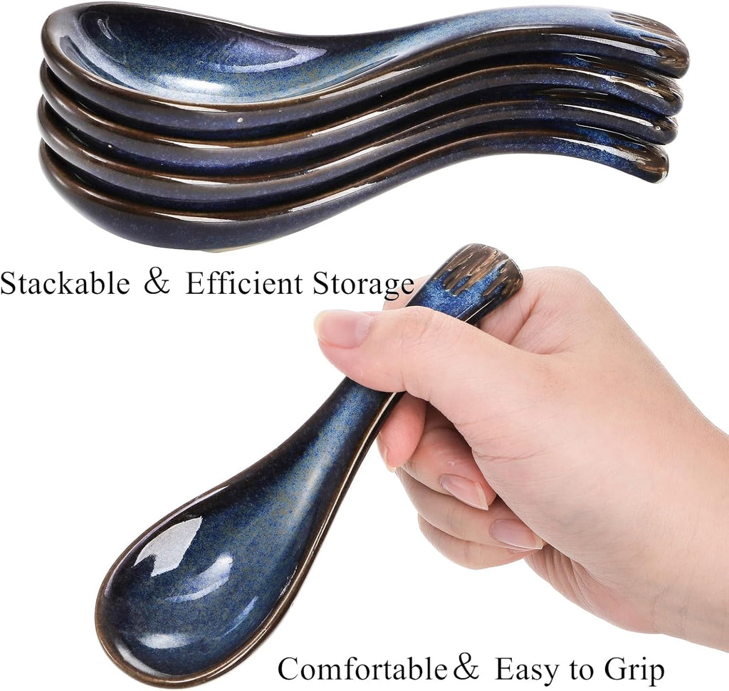 Set of 8 Asian Soup Spoon Ceramic  Blue Chinese Soup Spoons with Non-Slip Bottom  Retro Porcelain Japanese Pho Spoons for Ramen  Wonton  Noodle  Miso  Dumpling  Dishwasher Safe  5.2" L