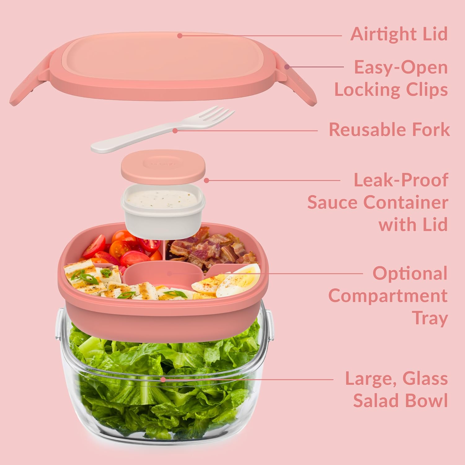 Bentgo Glass All-in-One Salad Container - Large 61-oz Salad Bowl with Lid  4-Compartment Bento-Style Tray  3-oz Sauce Container  and Reusable Fork - Dishwasher  Microwave  and Oven Safe (Coral)
