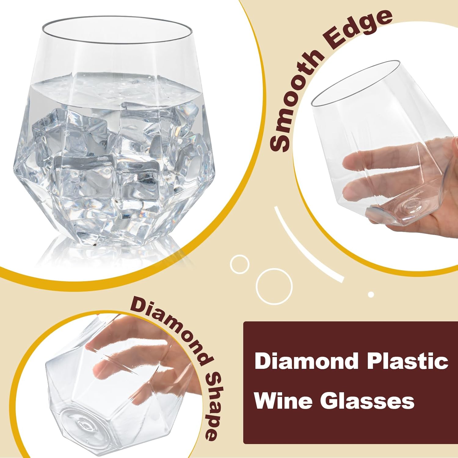 Goodluck 40 PCS Diamond Stemless Plastic Wine Whiskey Glasses  12 Oz Disposable Cocktail Glasses  Suitable for Weddings  Birthday Parties  Family Gatherings  Bars  etc (Clear)