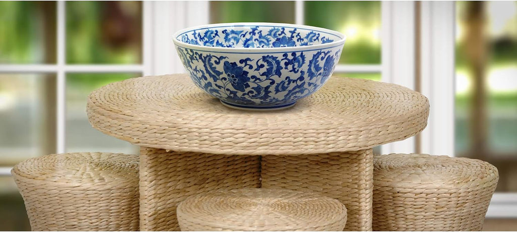 Red Lantern 14" Floral Blue & White Porcelain Bowl Vase for Centerpiece in Kitchen Dining Living Room Bedroom with Boho Eclectic Modern Contemporary Classic Traditional Style Decor